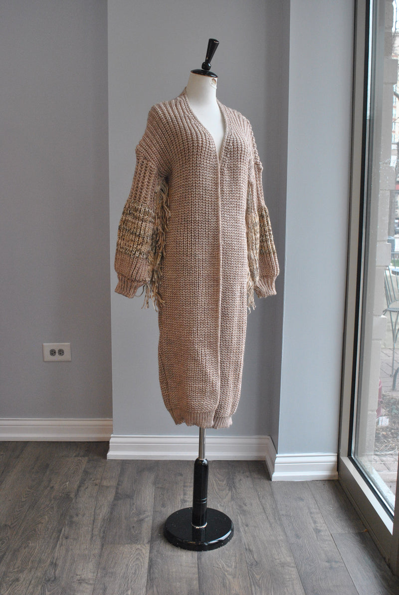 BEIGE OPEN STYLE CARDIGAN SWEATER WITH FRINGE