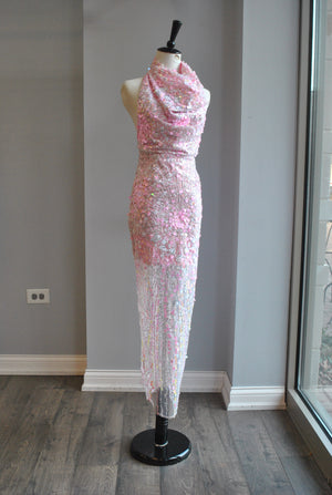 BLUSH PINK SEQUIN MIDI HALET STYLE PARTY DRESS