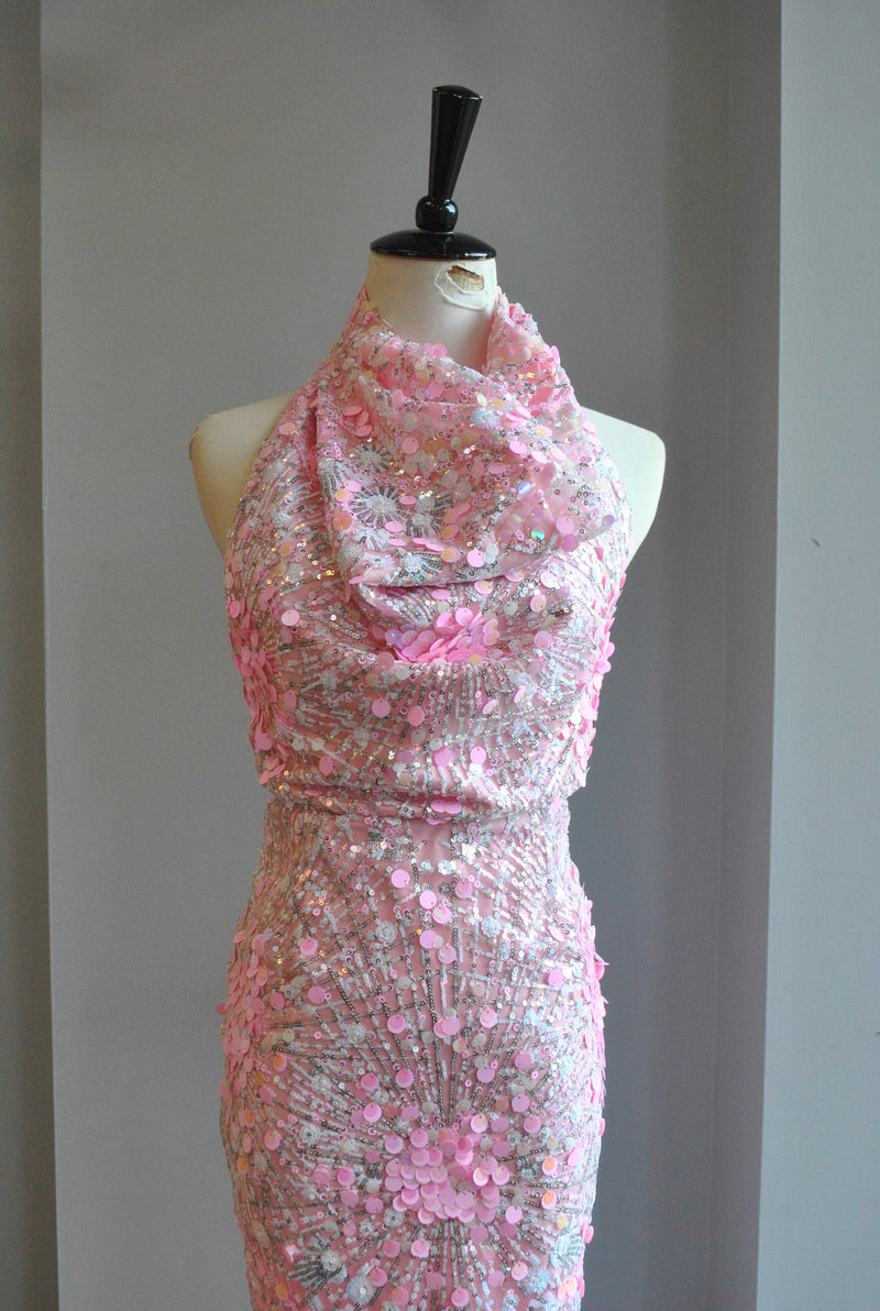 BLUSH PINK SEQUIN MIDI HALET STYLE PARTY DRESS