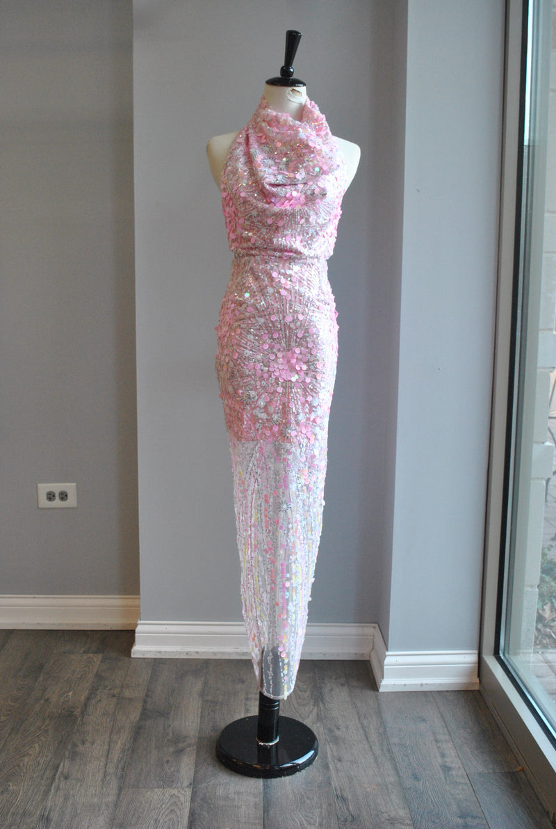 BLUSH PINK SEQUIN MIDI HALET STYLE PARTY DRESS