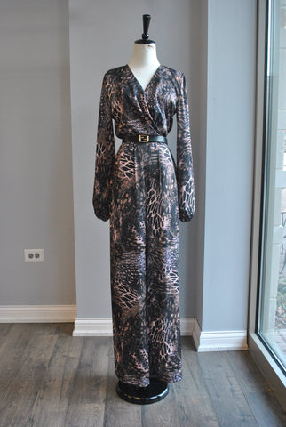 BROWN AND BEIGE PRINT FLAIR PANT SILKY JUMPSUIT
