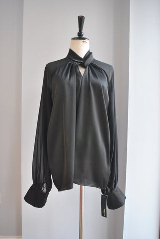 BLACK BLOUSE WITH LACE DETAILS AND HIGH NECK