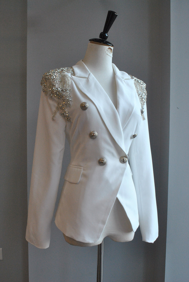 BLACK DOUBLE BREASTED BLAZER WITH DIAMOND DETAILS