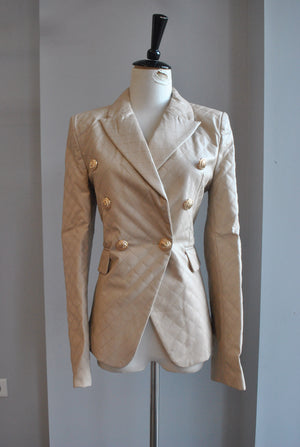 BEIGE FAUX QUILTED DOUBLE BREASTED BLAZER