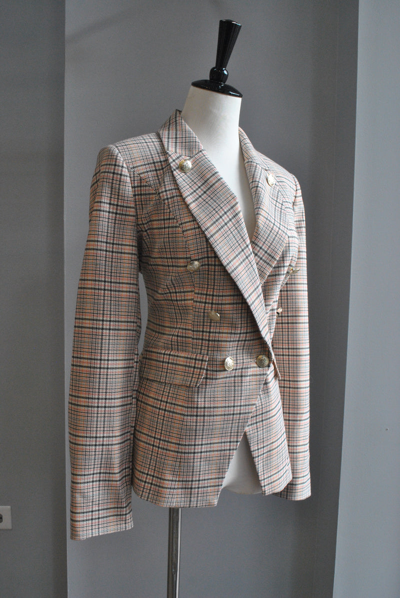 PINK PLAID DOUBLE BREASTED BLAZER