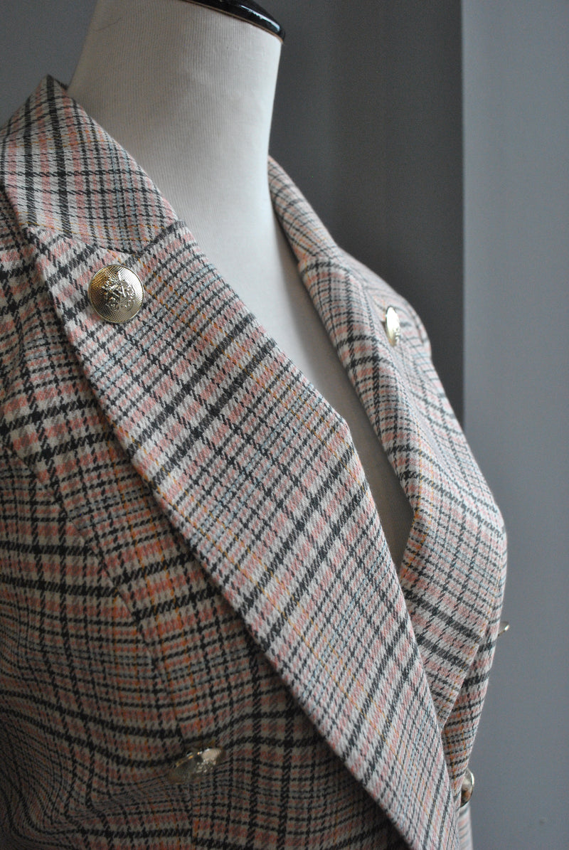 PINK PLAID DOUBLE BREASTED BLAZER
