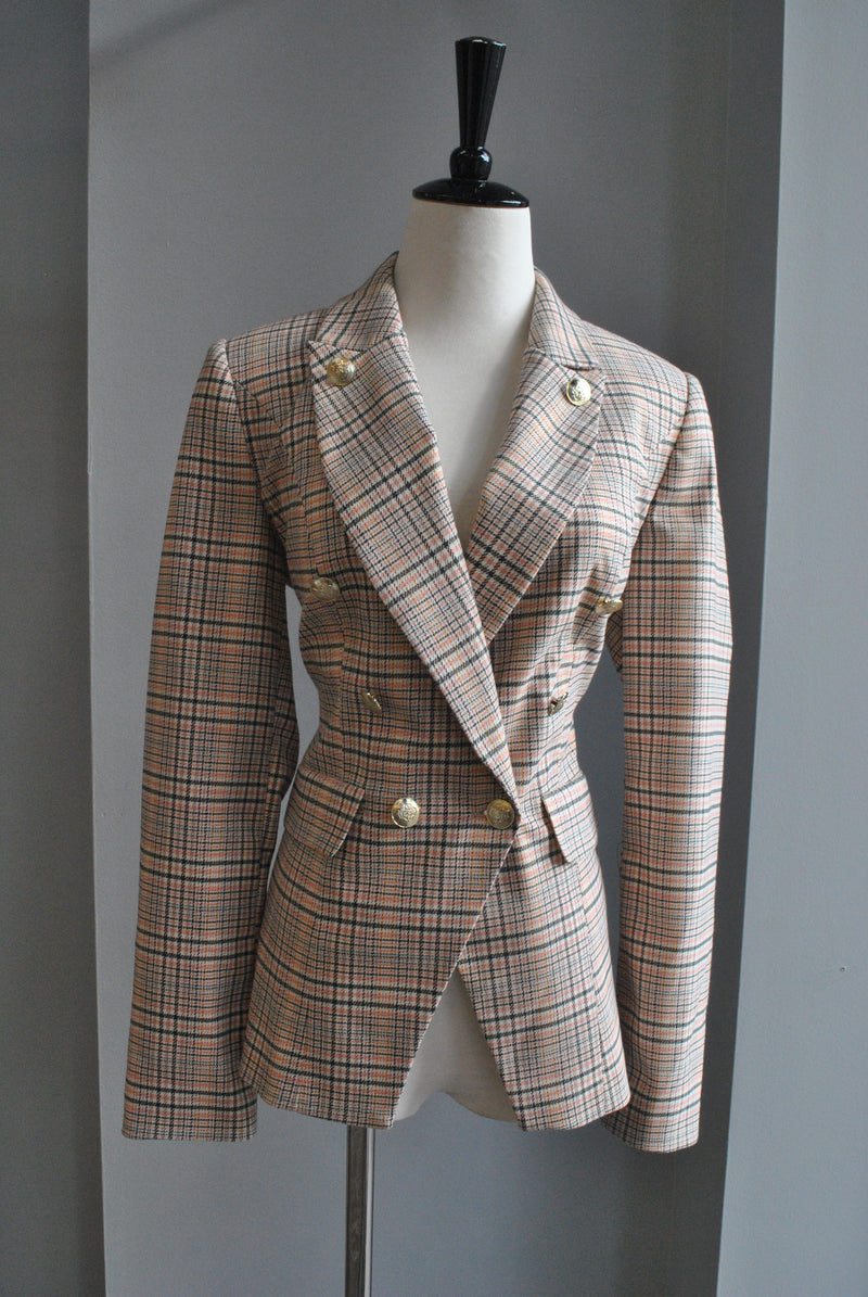PINK PLAID DOUBLE BREASTED BLAZER
