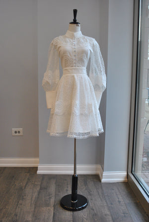 WHITE FIT AND FLAIR DRESS WITH LACE DETAIL