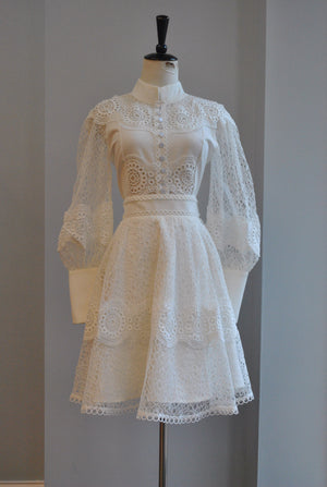 WHITE FIT AND FLAIR DRESS WITH LACE DETAIL