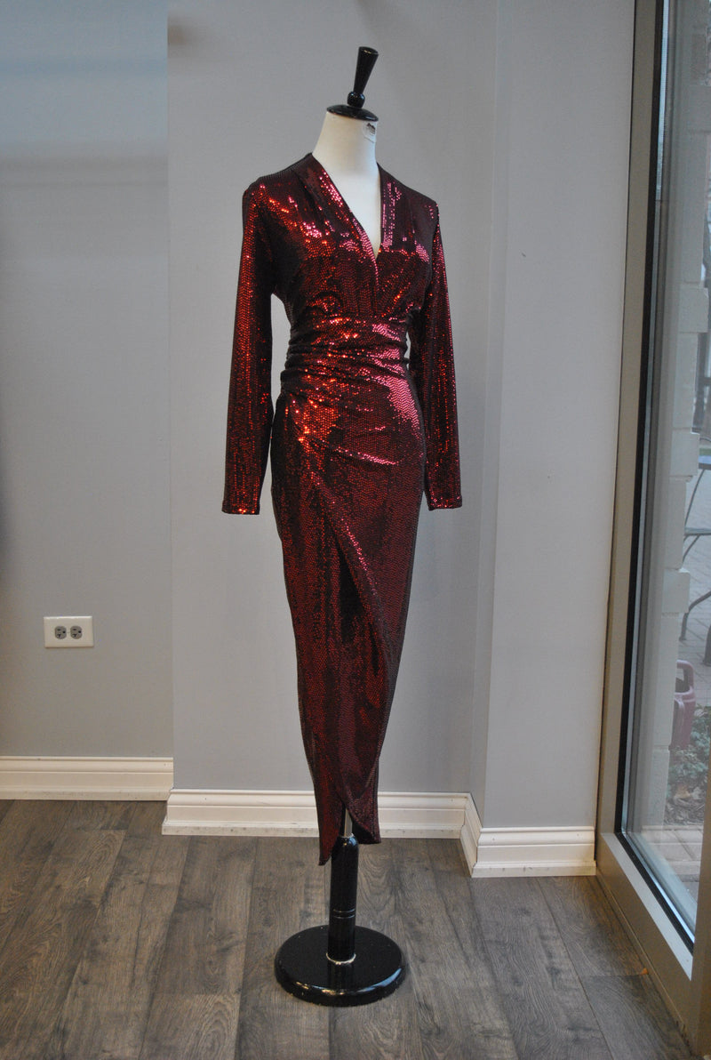 RED SEQUIN MIDI FIT DRESS WITH SIDE RUSHING