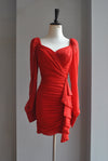 CLEARANCE - RED MESH MINI DRESS WITH SIDE RUSHING
