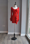 CLEARANCE - RED MESH MINI DRESS WITH SIDE RUSHING
