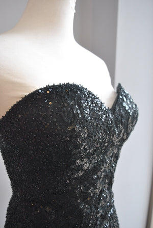 BLACK SEQUIN EVENING  ASYMMETRIC GOWN