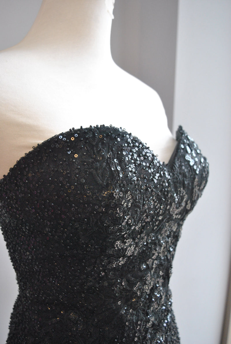 BLACK SEQUIN EVENING  ASYMMETRIC GOWN