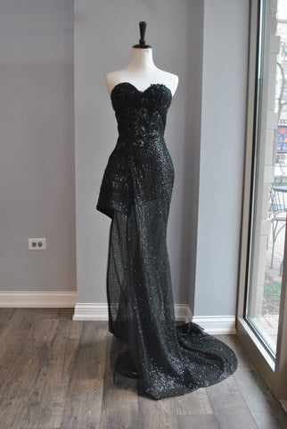 CLEARANCE - NAVY BLUE SILKY LONG DRESS WITH OPEN BACK AND SIDE SLIT