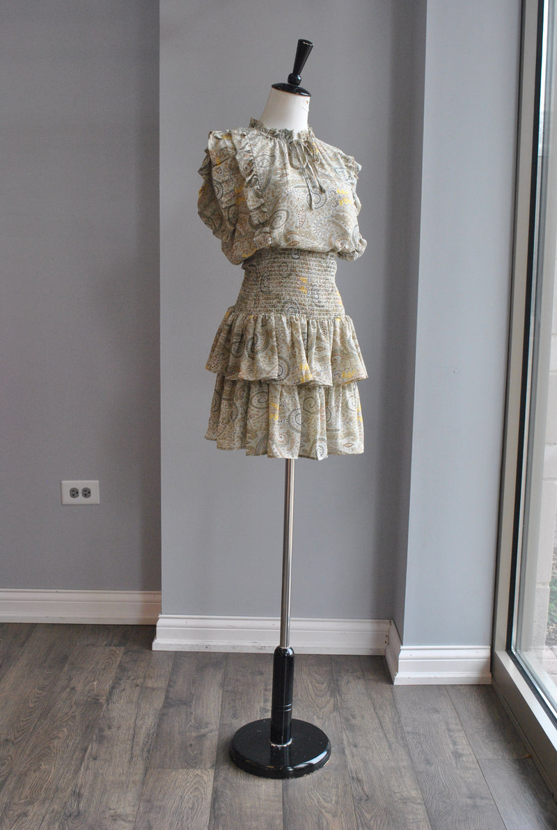 BEIGE / OLIVE PAISLEY PRINT SET OF MINI SKIRT AND A TOP