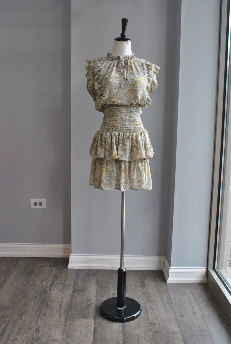 BEIGE / OLIVE PAISLEY PRINT SET OF MINI SKIRT AND A TOP