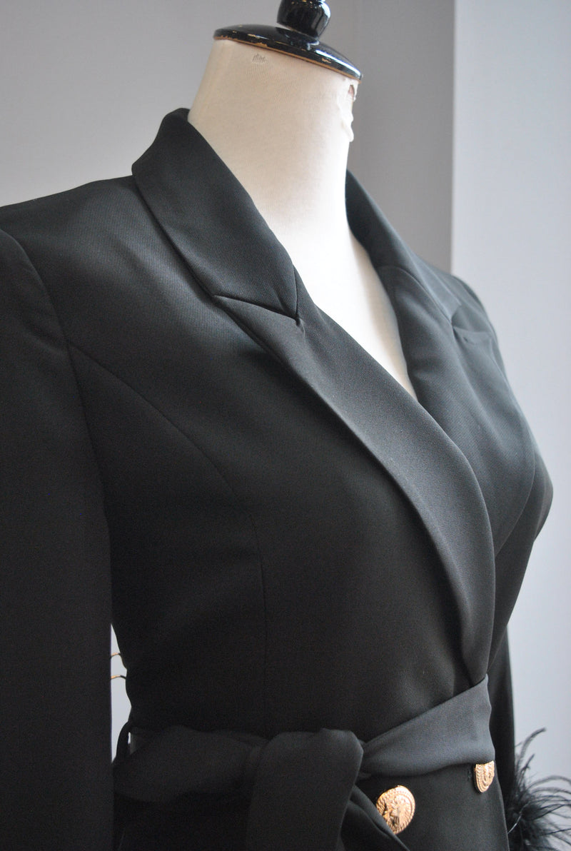 BLACK SUIT WITH FEATHER DETAILS