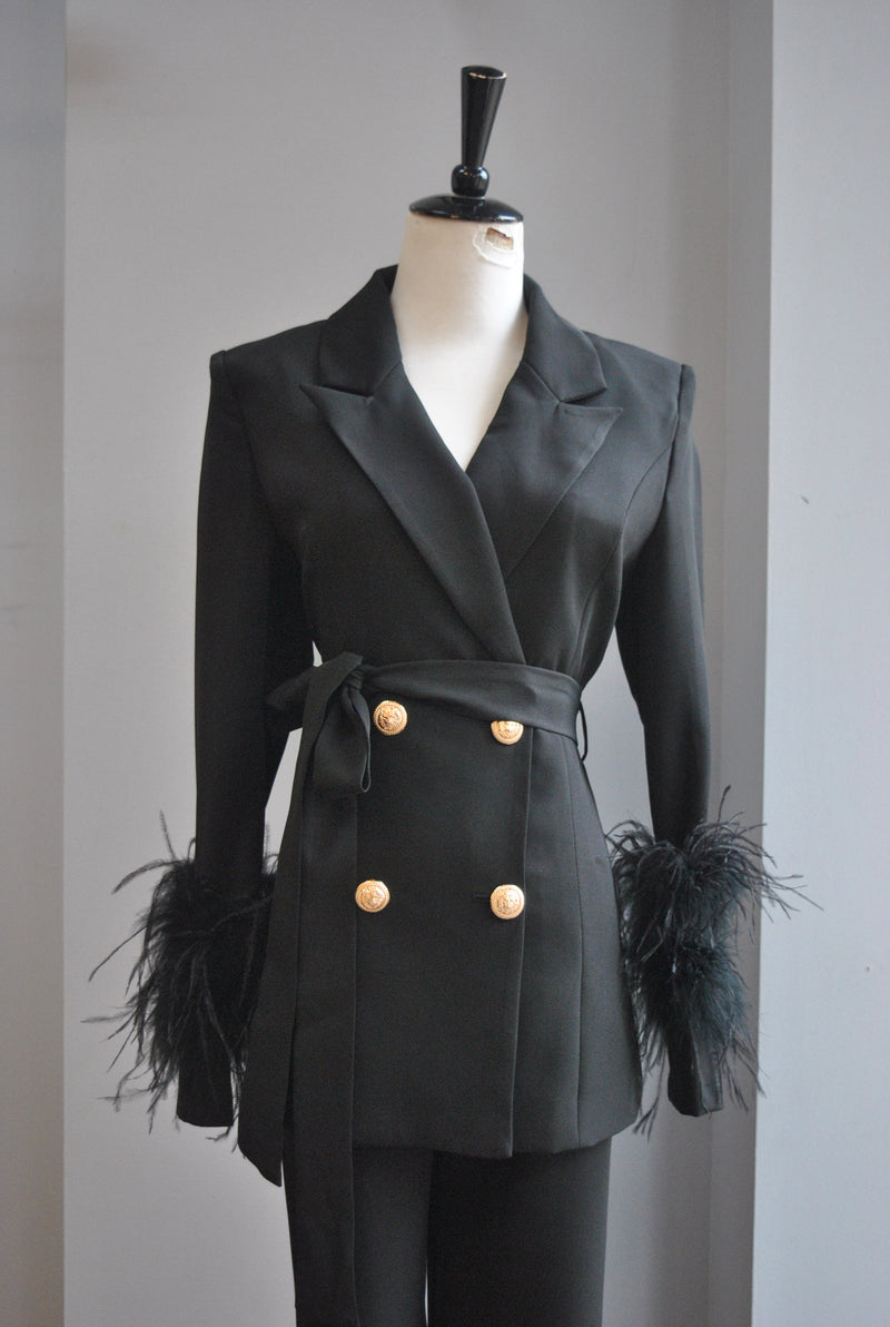 BLACK SUIT WITH FEATHER DETAILS