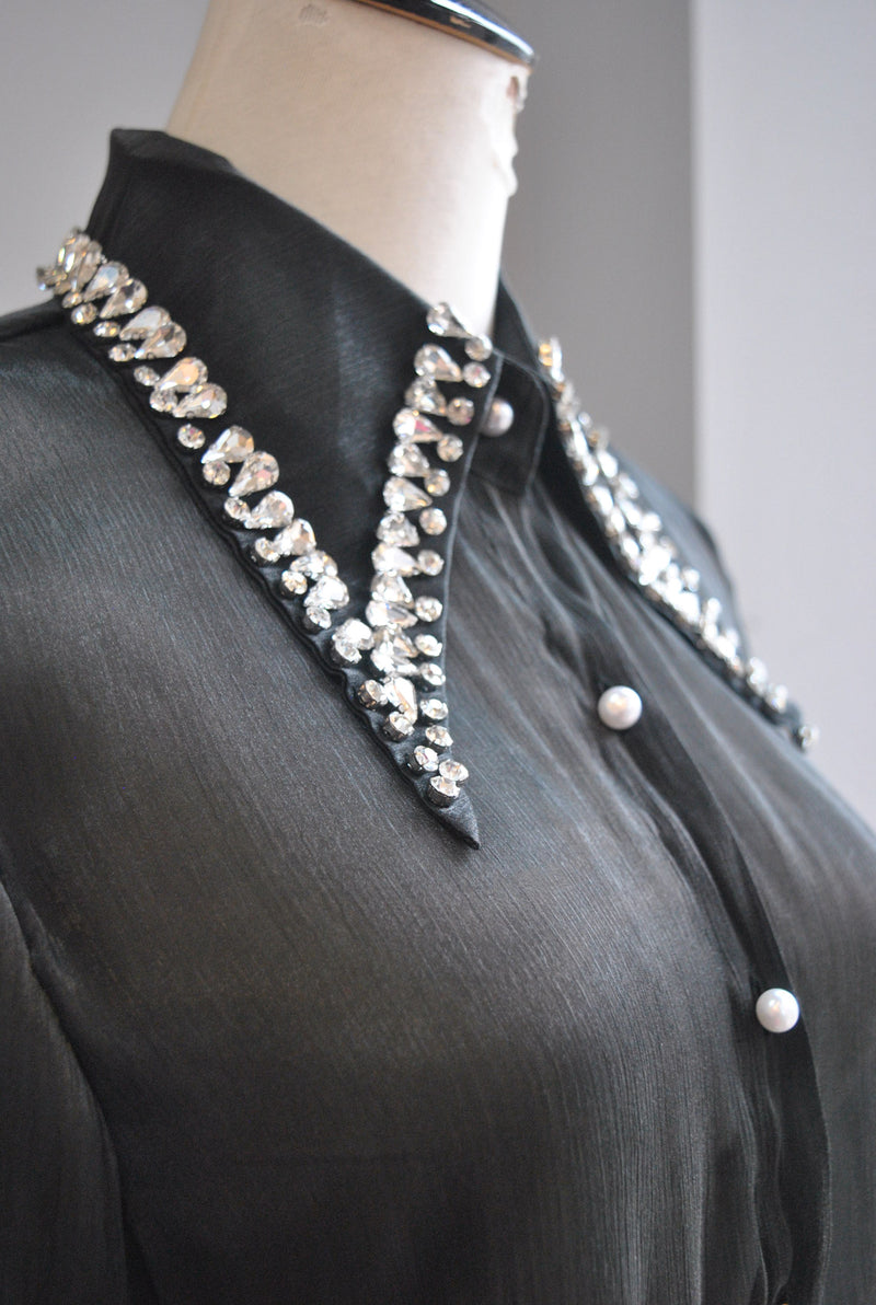 BLACK SHEER BLOUSE WITH CRYSTALS AND FEATHERS DETAIL