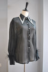 BLACK SHEER BLOUSE WITH CRYSTALS AND FEATHERS DETAIL