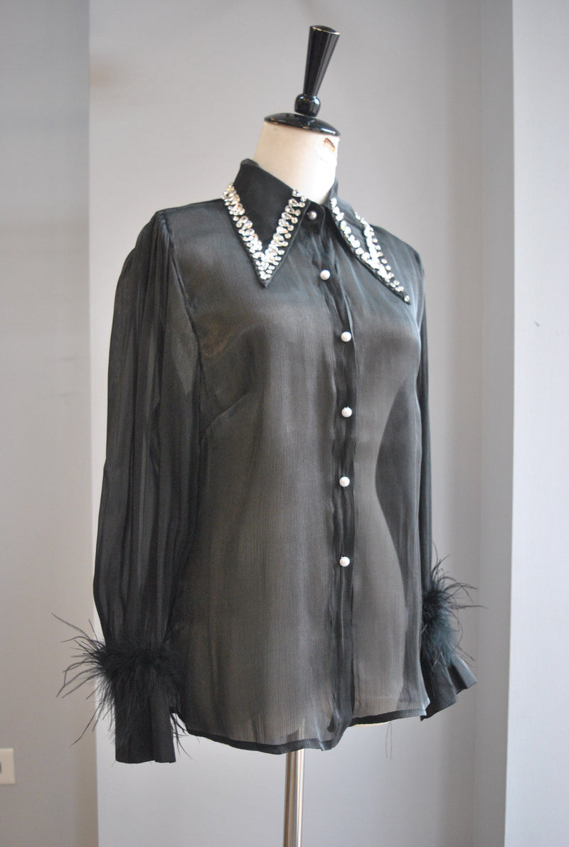 BLACK SHEER BLOUSE WITH CRYSTALS AND FEATHERS DETAIL