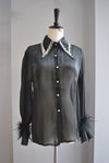 BLACK SHEER BLOUSE WITH CRYSTALS AND FEATHERS DETAIL
