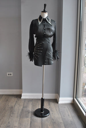 BLACK SHEER BLOUSE WITH CRYSTALS AND FEATHERS DETAIL