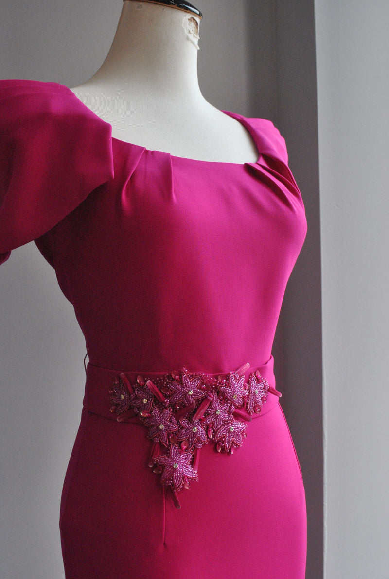 ORCHID MIDI DRESS WITH CRYSTAL BELT AND CUP SLEEVES