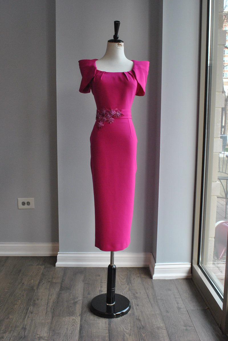 ORCHID MIDI DRESS WITH CRYSTAL BELT AND CUP SLEEVES