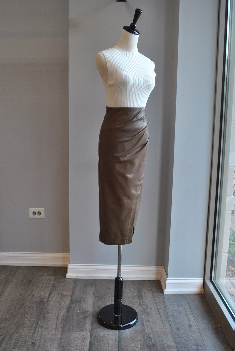 TAUPE BROWN WRAP STYLE MIDI FAUX LEATHER SKIRT