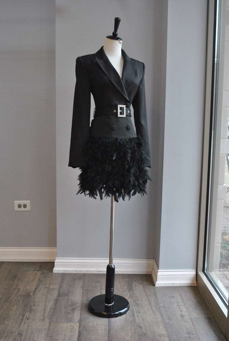 BLACK JACKET DRESS WITH A CRYSTAL BELT AND FEATHERS