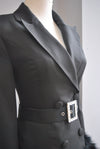 BLACK JACKET DRESS WITH A CRYSTAL BELT AND FEATHERS