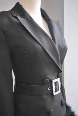 BLACK JACKET DRESS WITH A CRYSTAL BELT AND FEATHERS