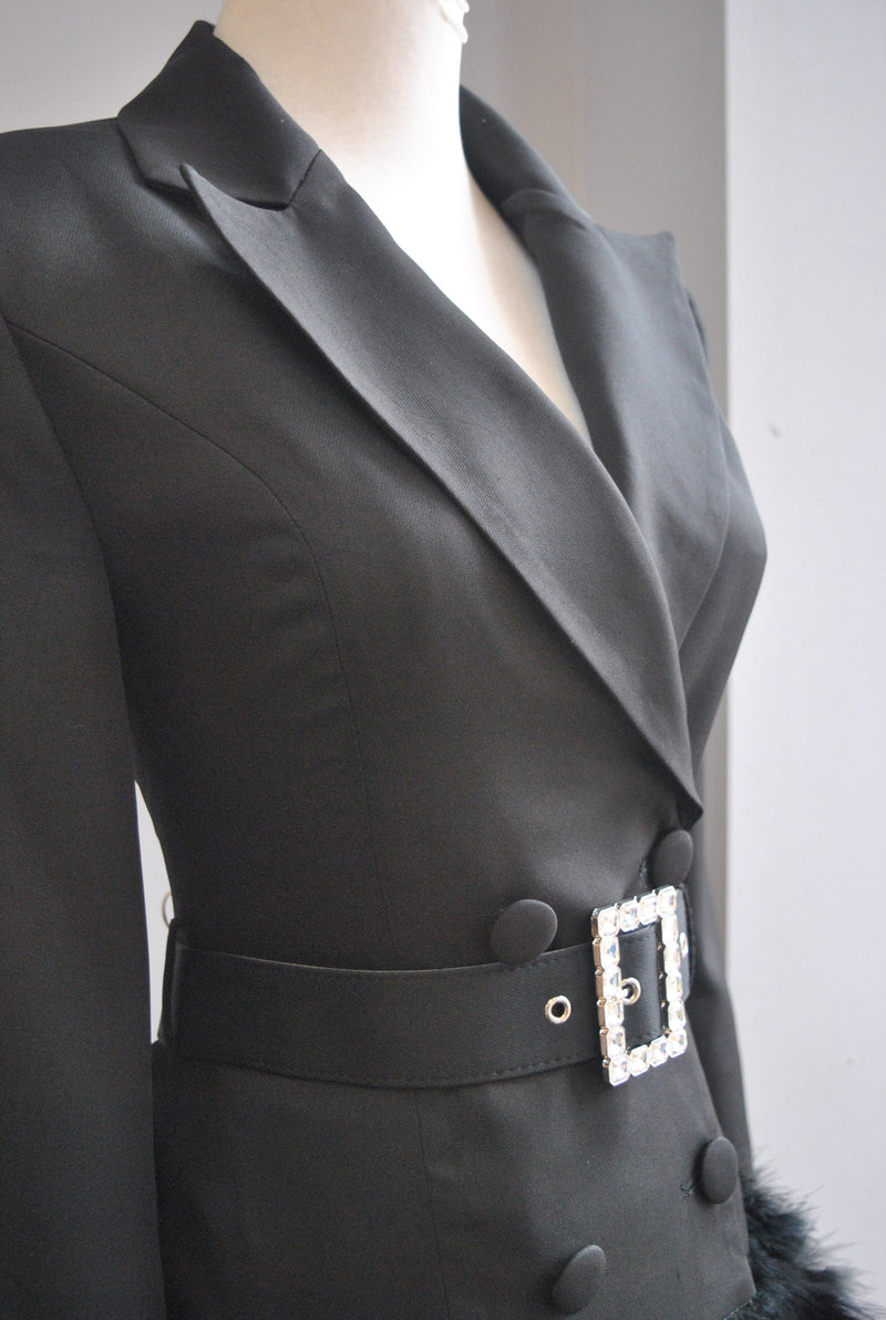 BLACK JACKET DRESS WITH A CRYSTAL BELT AND FEATHERS