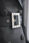 BLACK JACKET DRESS WITH A CRYSTAL BELT AND FEATHERS