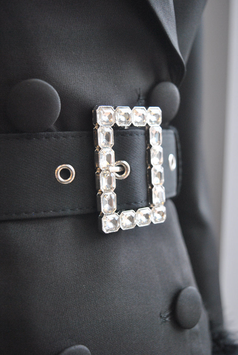 BLACK JACKET DRESS WITH A CRYSTAL BELT AND FEATHERS