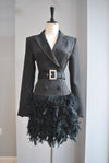 BLACK JACKET DRESS WITH A CRYSTAL BELT AND FEATHERS