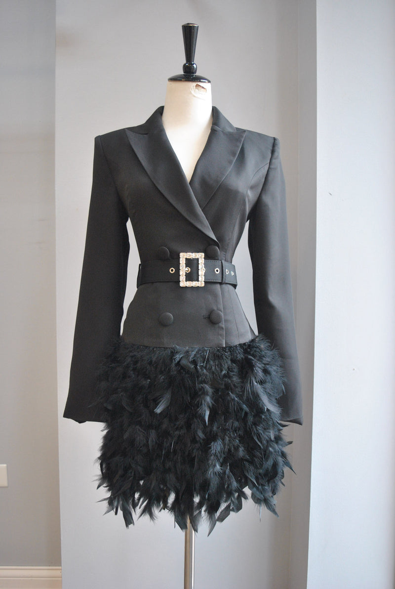 BLACK JACKET DRESS WITH A CRYSTAL BELT AND FEATHERS