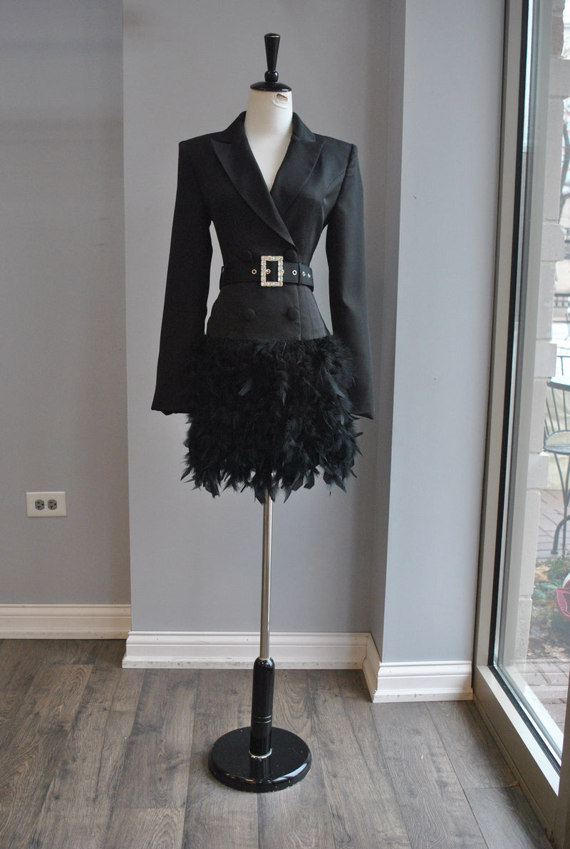BLACK JACKET DRESS WITH A CRYSTAL BELT AND FEATHERS