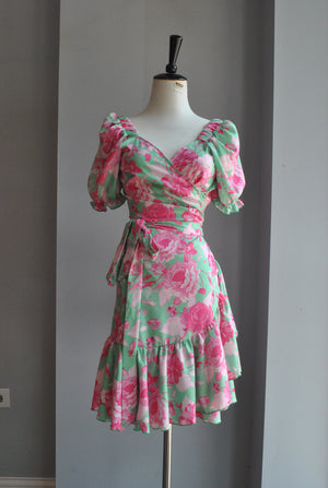 GREEN AND PINK WRAP SUMMER DRESS WITH SHORT SLEEVES