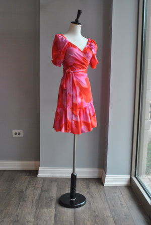 PINK AND RED WRAP SUMMER DRESS WITH SHORT SLEEVES