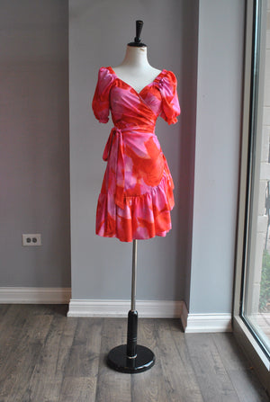 PINK AND RED WRAP SUMMER DRESS WITH SHORT SLEEVES