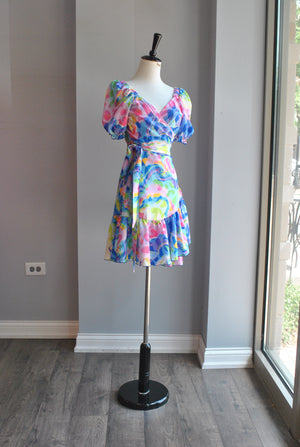 BLUE MULTI WRAP SUMMER DRESS WITH SHORT SLEEVES