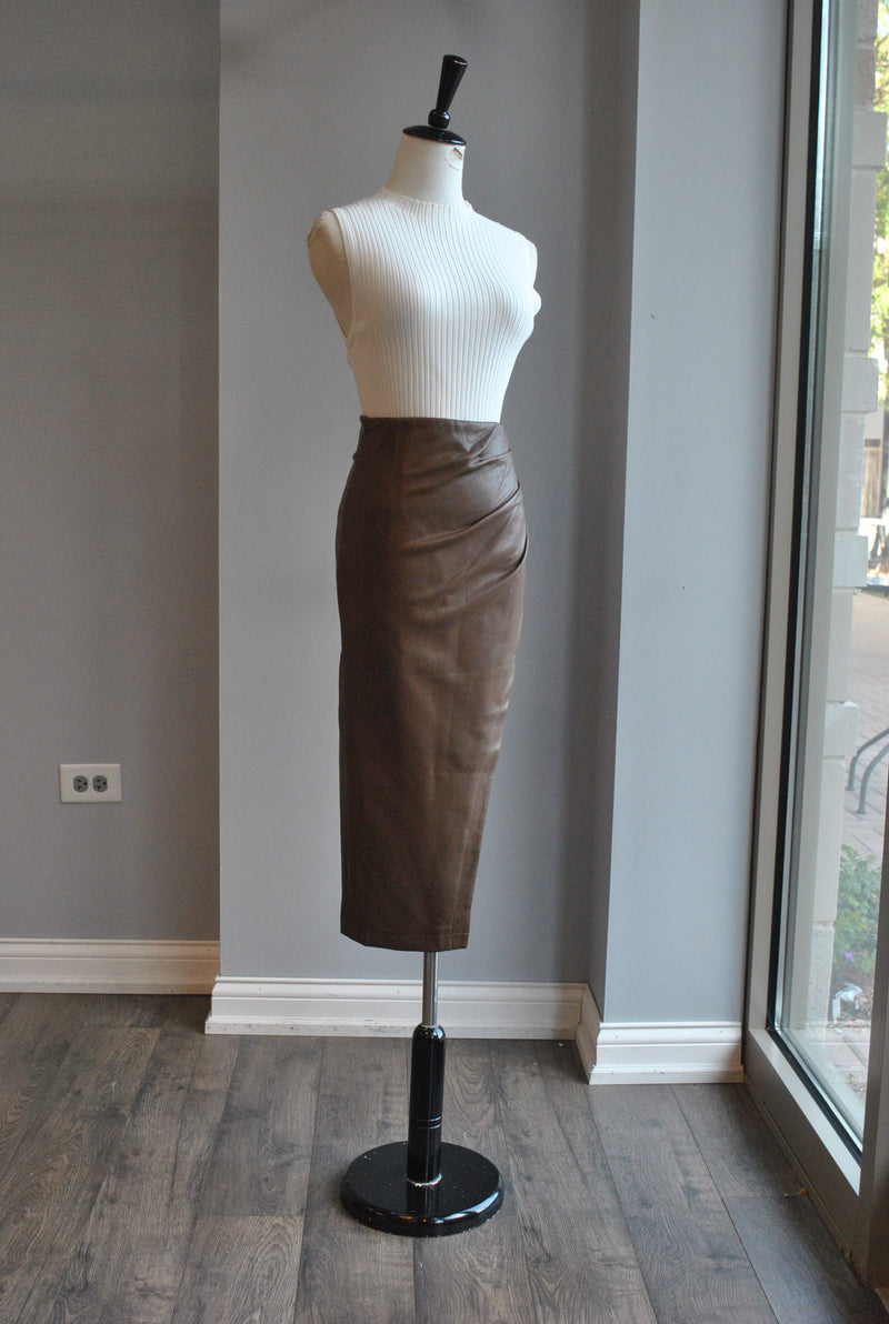 TAUPE BROWN WRAP STYLE MIDI FAUX LEATHER SKIRT