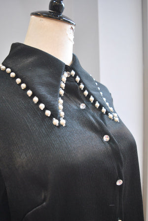 BLACK SHEER BLOUSE WITH PEARLS AND RHINESTONES