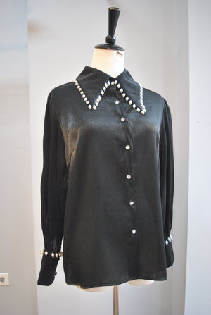 BLACK SHEER BLOUSE WITH PEARLS AND RHINESTONES