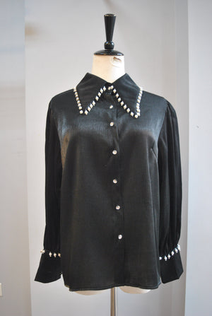 BLACK SHEER BLOUSE WITH PEARLS AND RHINESTONES