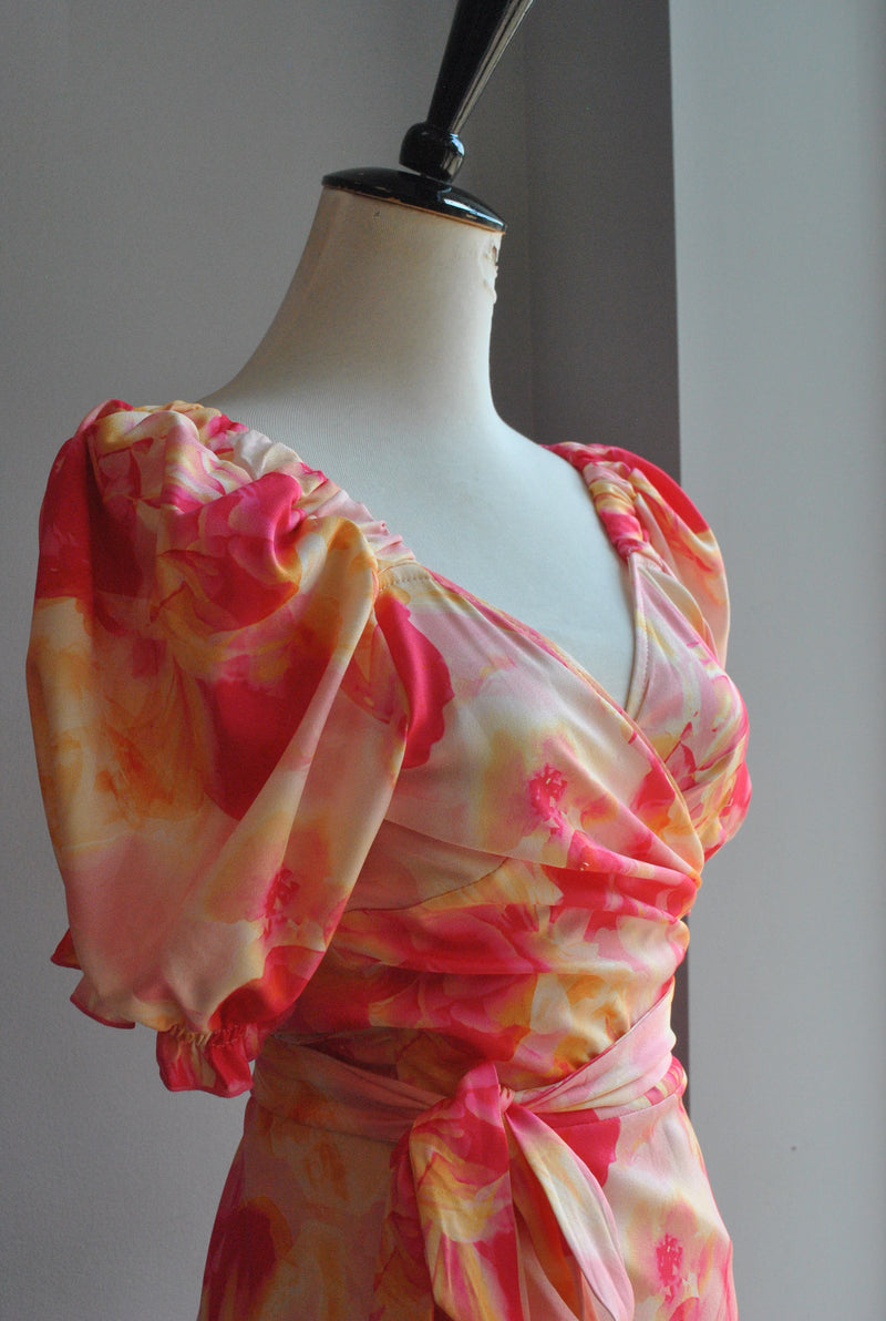 ORANGE MULTI SUMMER WRAP DRESS WITH SHORT SLEEVES
