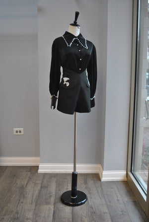BLACK SHEER BLOUSE WITH PEARLS AND RHINESTONES